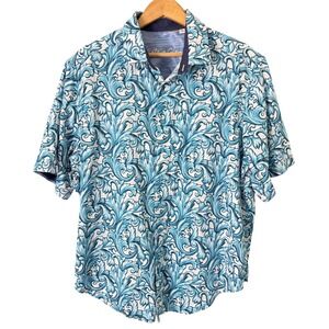 Robert Graham Mens Baroque Scroll Print Button Down Shirt 1XL Blue Short Sleeve